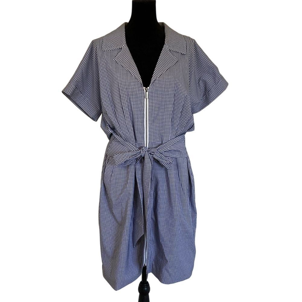 LDT‎ Belted Gingham Front Zip Collared Dress Womens Size 14 Blue White